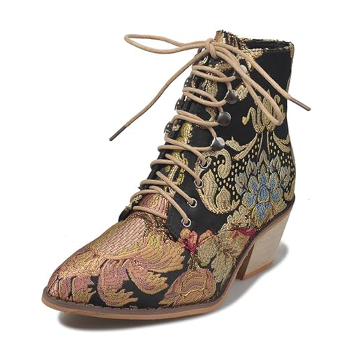 ErikenUrben Damen's Vintage Ankle Stiefel Embroidered Low Blockabsatz Cowboy Stiefeletten Schnüren Pointed Toe Ankle Boots Gold Große 37 von ErikenUrben