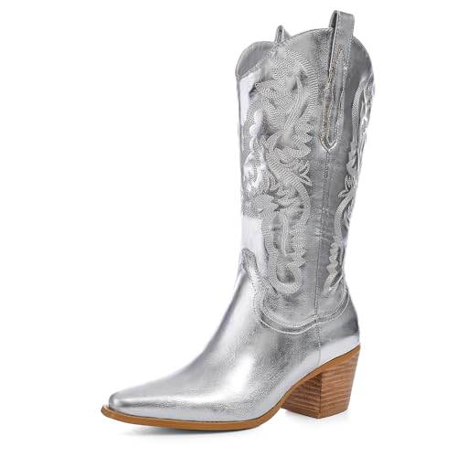 ErikenUrben Damen Metallic Cowboy Stiefel Embroidered Western Stiefel Sparkly Halbschaft Stiefel Pointed Toe Cowgirl Stiefel Pull on Silver Große 9 von ErikenUrben