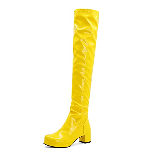 ErikenUrben Gogo Boots Damen Over Knee Stiefel Lackleder Langschaft Stiefel Blockabsatz Costumes Disco Stiefel 70s Schuhe Yellow Size 48 Asian von ErikenUrben