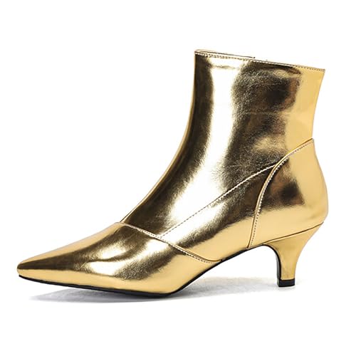 ErikenUrben Metallic Kitten Heel Ankle Boots Damen Pointed Toe Party Stiefeletten 2.16 Inch Kleid Stiefel Pull on Hochzeit Ankle Stiefel Reißverschluss Gold Große 43 Asiatisch von ErikenUrben