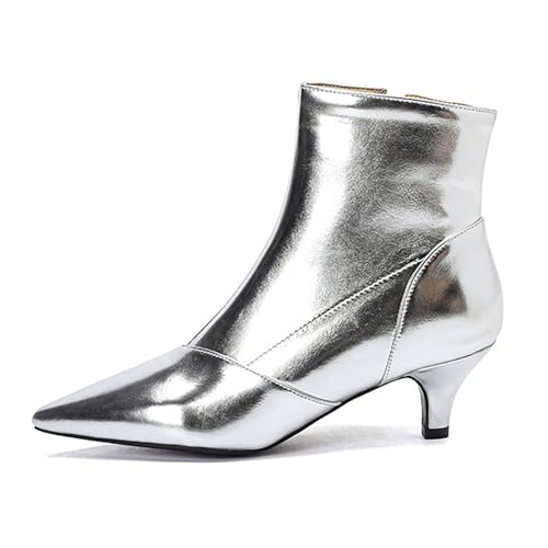 ErikenUrben Metallic Kitten Heel Ankle Boots Damen Pointed Toe Party Stiefeletten 2.16 Inch Kleid Stiefel Pull on Hochzeit Ankle Stiefel Reißverschluss Silver Große 40 Asiatisch von ErikenUrben