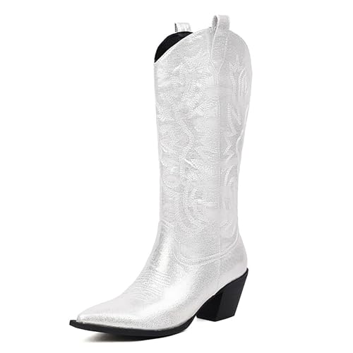 ErikenUrben Metallic Wadenhoch Cowboy Stiefel Stitched Embroidered Western Stiefel Snip Toe Blockabsatz Cowgirl Stiefel Schlupf Tabs White Große 39 ErikenUrben Metallic Wadenhoch Cowboy Stiefel Stitched Embroidered Western Stiefel Snip Toe Blockabsatz Cowgirl Stiefel Schlupf Tabs White Große 39 von ErikenUrben