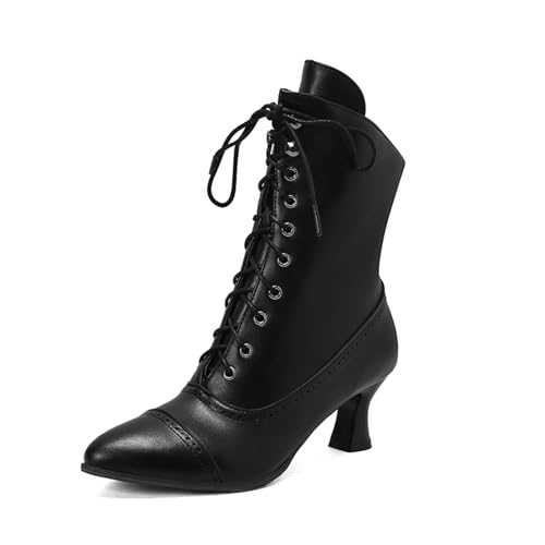 ErikenUrben Vintage Victorian Stiefeletten Damen Schnüren Gothic Ankle Stiefel 70s Renaissance Stiefel Witch Costume Stiefel Mid Heel Pirate Stiefel Reißverschluss Black Große 48 Asiatisch von ErikenUrben