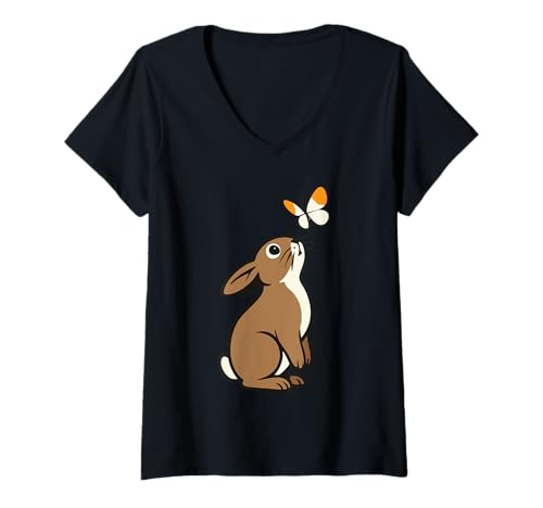 Damen Süßes Baby-Häschen und orangefarbene Spitze Schmetterling Design T-Shirt mit V-Ausschnitt Damen Süßes Baby-Häschen und orangefarbene Spitze Schmetterling Design T-Shirt mit V-Ausschnitt von Erin's Tees