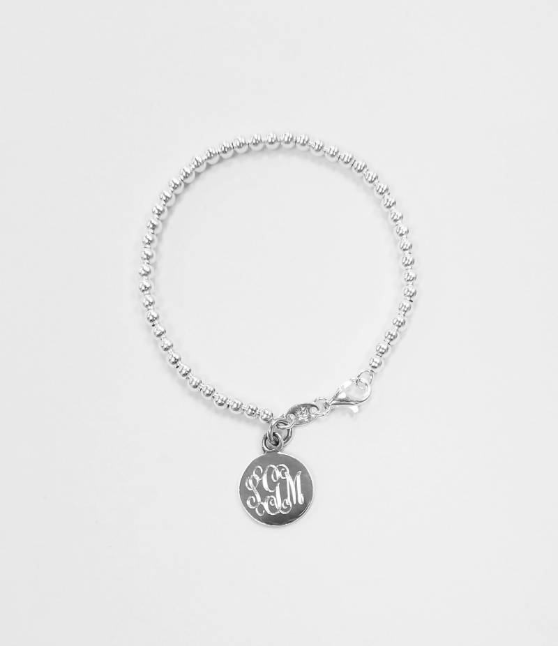 sterling Silber Baby/Kinder 3 Mm Perlen Armband Oder Halskette W/Monogramm Plättchen von ErinSilverCraft