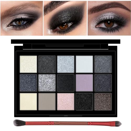 Erinde Schwarz Smoky Lidschatten Palette, Black Matte Glitter Eyeshadow Palette, Gothic Grau Liedschatenpalete in 15 Farben, Wasserfester & Langanhaltendes Eye Makeup Set (1Pinsel) von Erinde