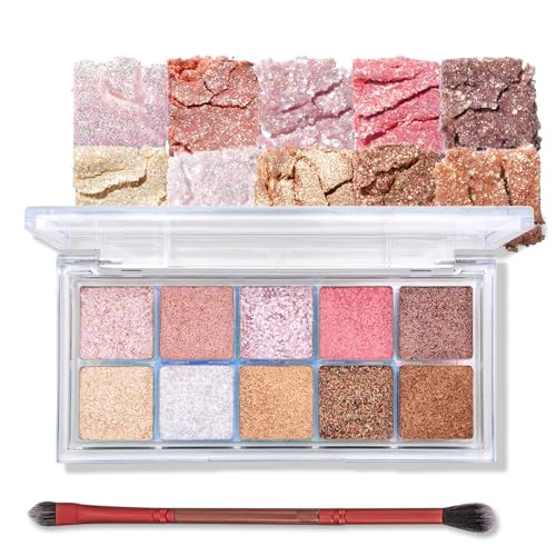 Erinde 10 Farben Glitzer Lidschatten Palette, Shimmer Glitter Eyeshadow Palette, Lang anhaltender Eye Highlight Palette, Hochpigmentiert & Wasserfest Koreanische Augen Makeup Set mit Pinsel von Erinde