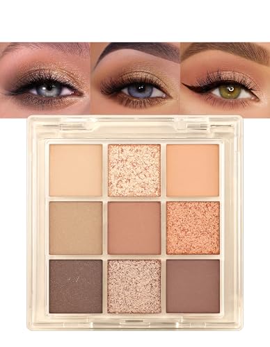 Erinde Lidschatten Palette Matt & Glitter - 9 Farben, Langanhaltende Wasserfest Eyeshadow Palette, Brown Metallic Glitzer Lidscahtten, Cream Long Lasting Eyeshadow von Erinde