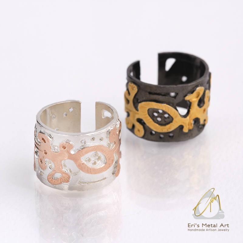 Hand Geformt Zweig Ring, Breites Band Zwei Ton Silber Gelb Schwarz Gold, Rose Verstellbaren Moderne Alltägliche Natur Ring von ErisMetalArt