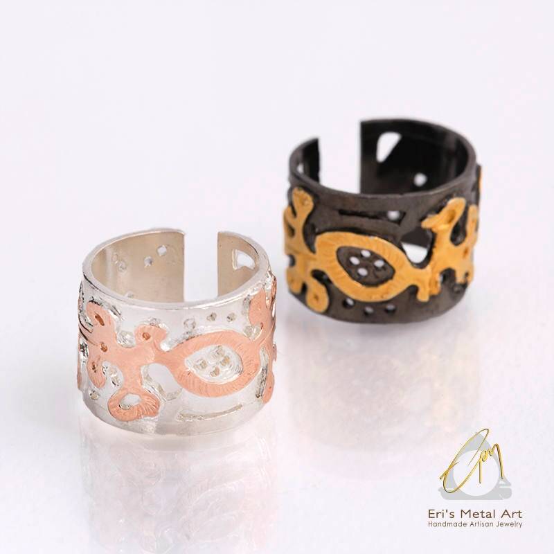 Hand Geformt Zweig Ring, Breites Band Zwei Ton Silber Gelb Schwarz Gold, Rose Verstellbaren Moderne Alltägliche Natur Ring von ErisMetalArt