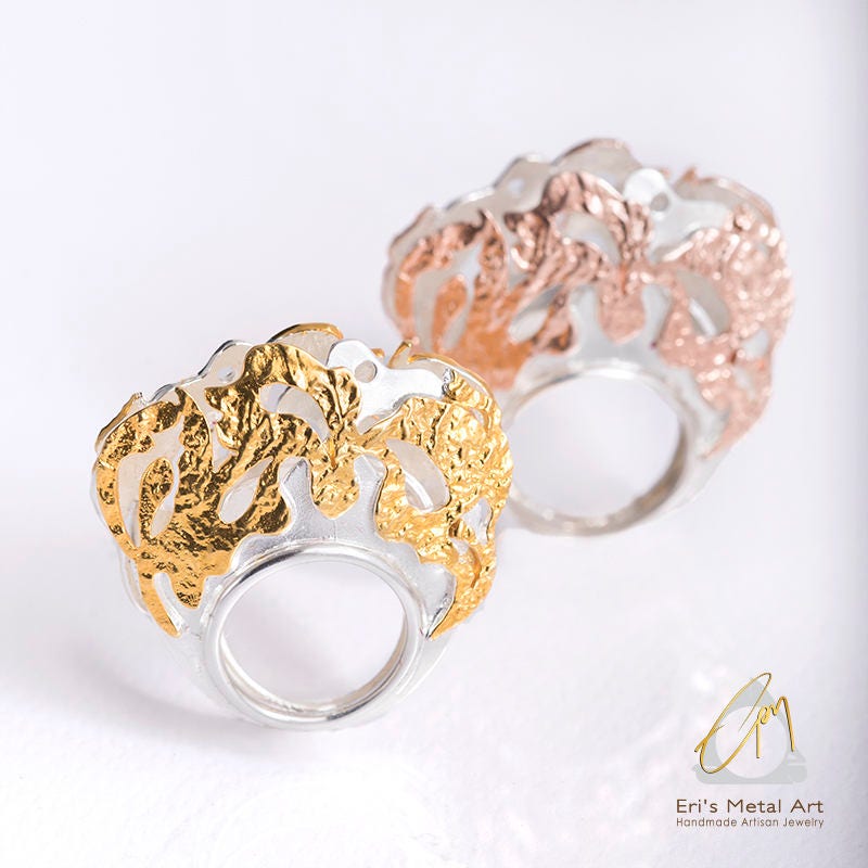 Handgefertigte Orchidee Krone Ring, Zwei Ton Silberring, Vergoldet Silber Krone, Rose Von Hand Geformt Blumenring von ErisMetalArt