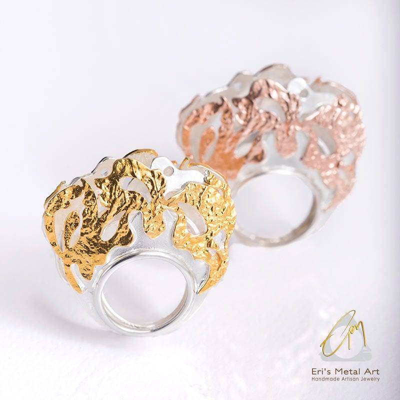 Handgefertigte Orchidee Krone Ring, Zwei Ton Silberring, Vergoldet Silber Krone, Rose Von Hand Geformt Blumenring von ErisMetalArt