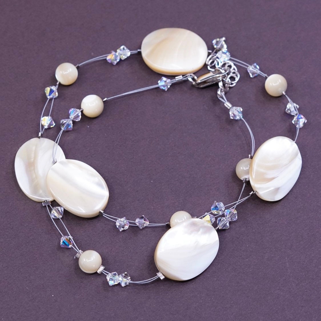14"+1", Vintage | 340038 Perlmutt Mit Klaren Kristallperlen Handgemachte Halskette, Sterling 925 Silber Verschluss von ErisSilver