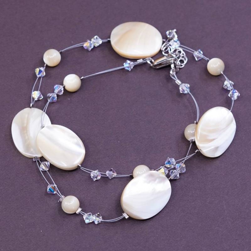 14"+1", Vintage | 340038 Perlmutt Mit Klaren Kristallperlen Handgemachte Halskette, Sterling 925 Silber Verschluss von ErisSilver