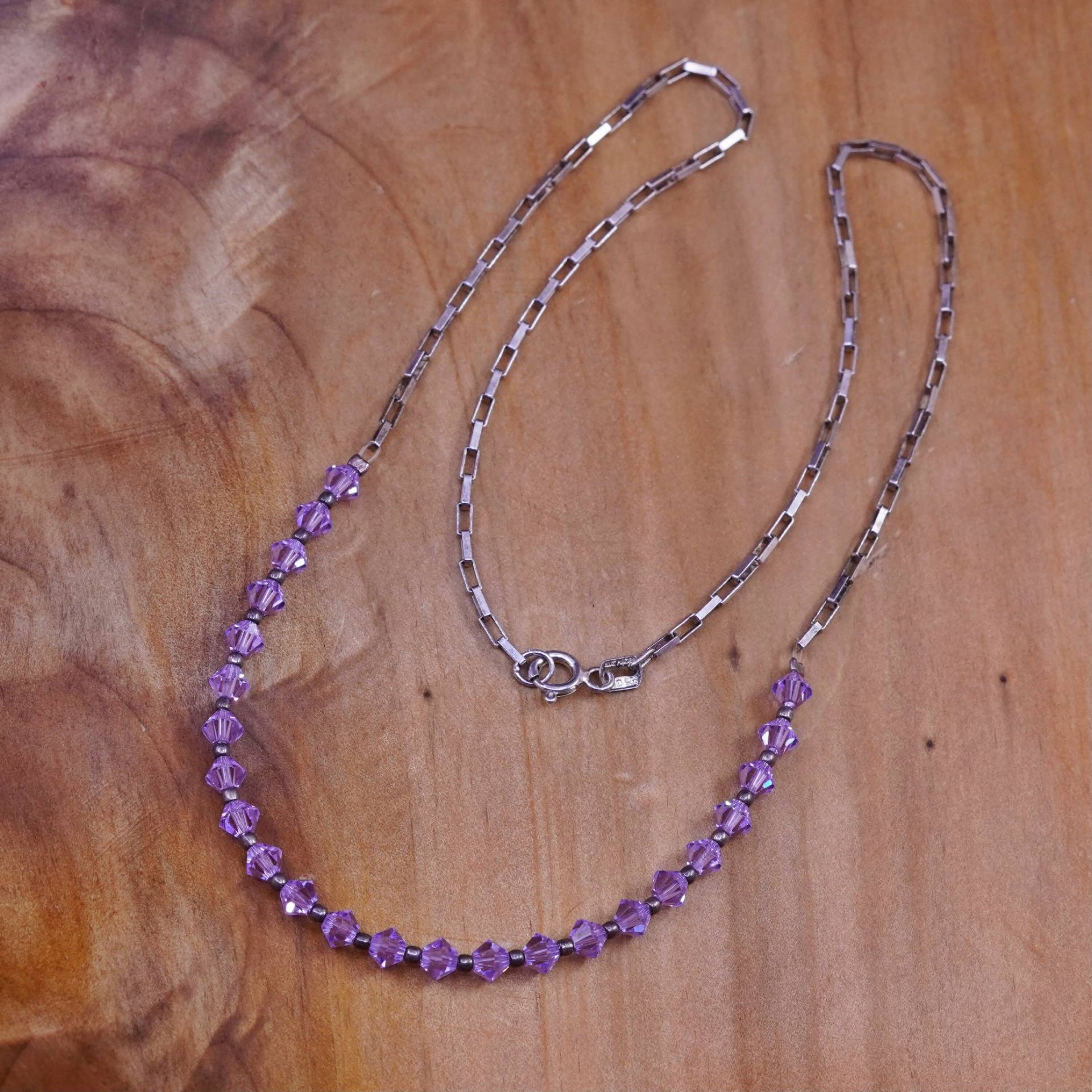 16", Vintage Sterling Silber Handgemachte Halskette, Längliche 925 Kette Mit Amethyst Perlen, Gestempelt von ErisSilver