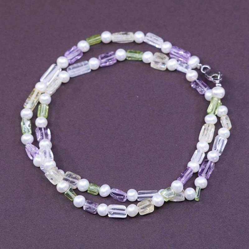 18", | 340018 Echte Süßwasserperle Mit Klaren Kristallperlen Handgemachte Halskette, Sterling 925 Silber Verschluss von ErisSilver