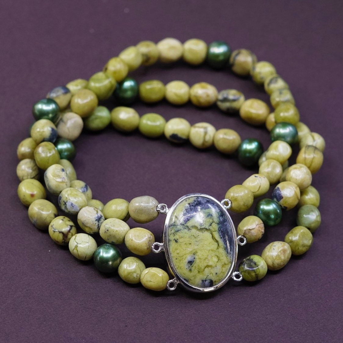 7" Vintage | 330075 Sterling 925 Silber Handgemachtes Armband, Grüne Steinperlen Gummiband, Gestempelt China von ErisSilver