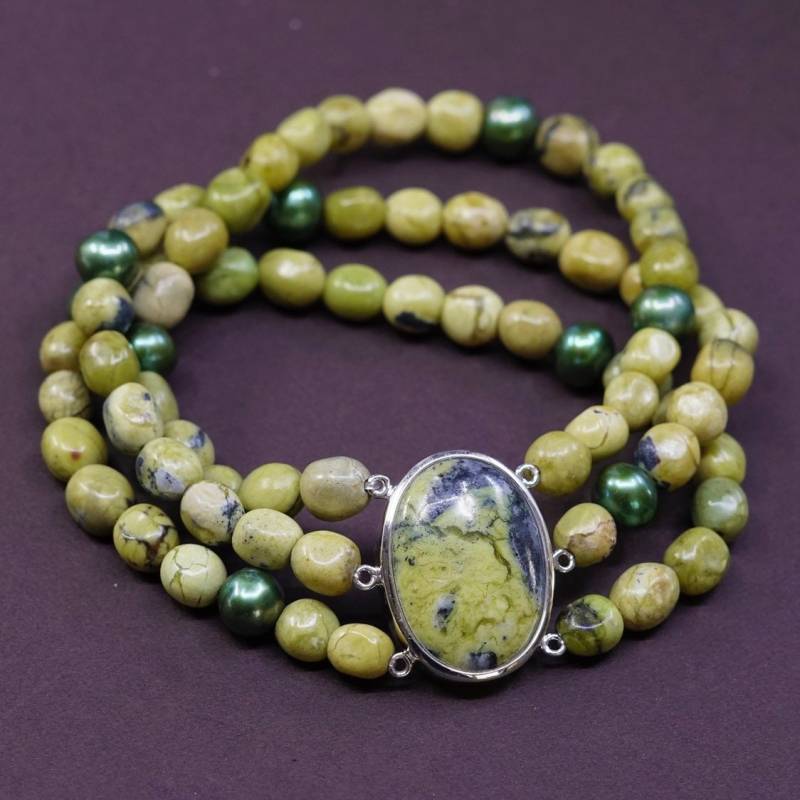 7" Vintage | 330075 Sterling 925 Silber Handgemachtes Armband, Grüne Steinperlen Gummiband, Gestempelt China von ErisSilver