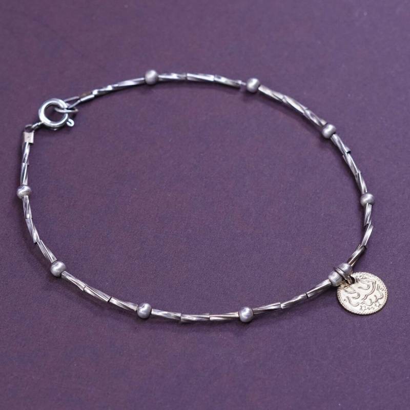 8.75", Vintage | 330627 Sterling Silber Armband, Massiver Italien 925 Bar Mit Perlenkette Gold Charm, Silber Geprüft von ErisSilver
