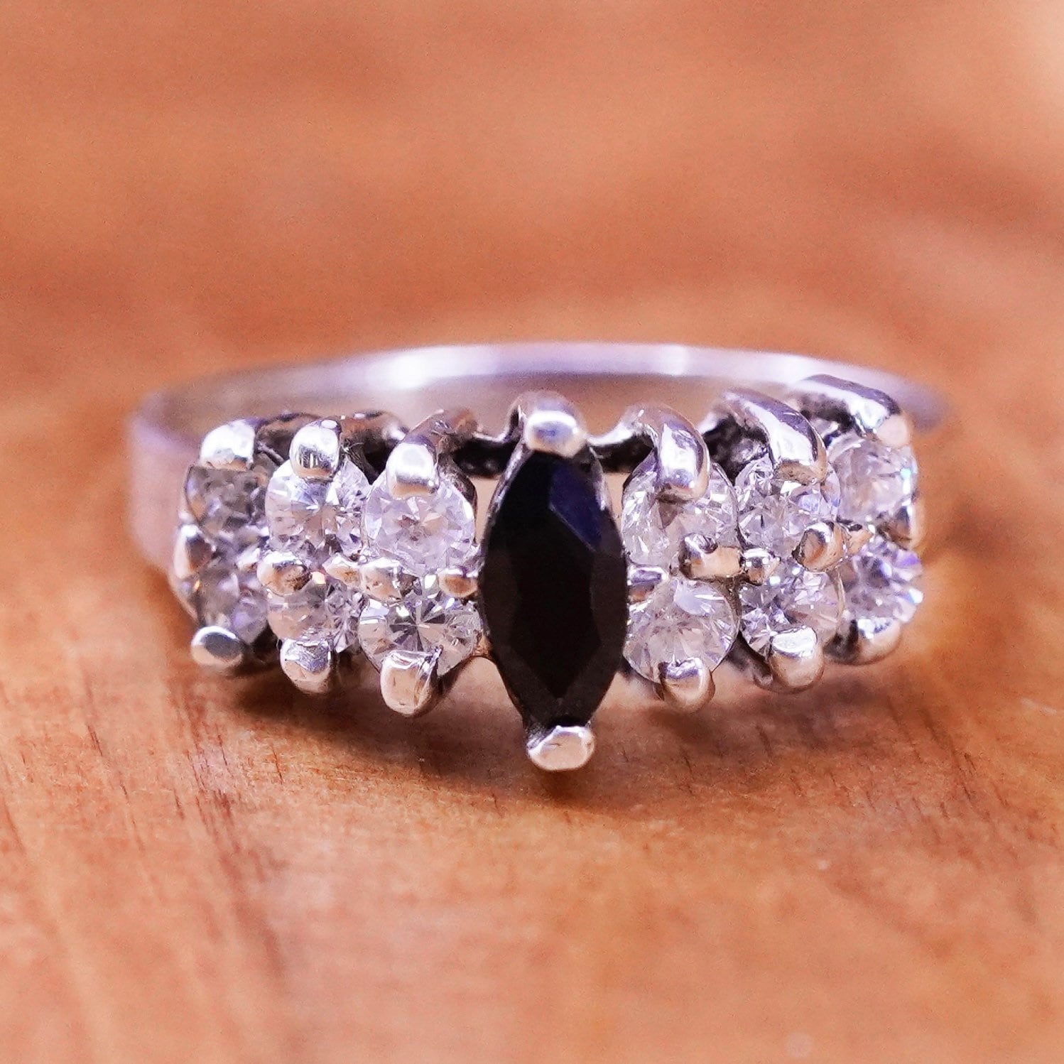 Größe 4, 75, Vintage Sterling 925 Silber Handgemachter Ring Mit Obsidian Und Cz Details, Gestempelt von ErisSilver