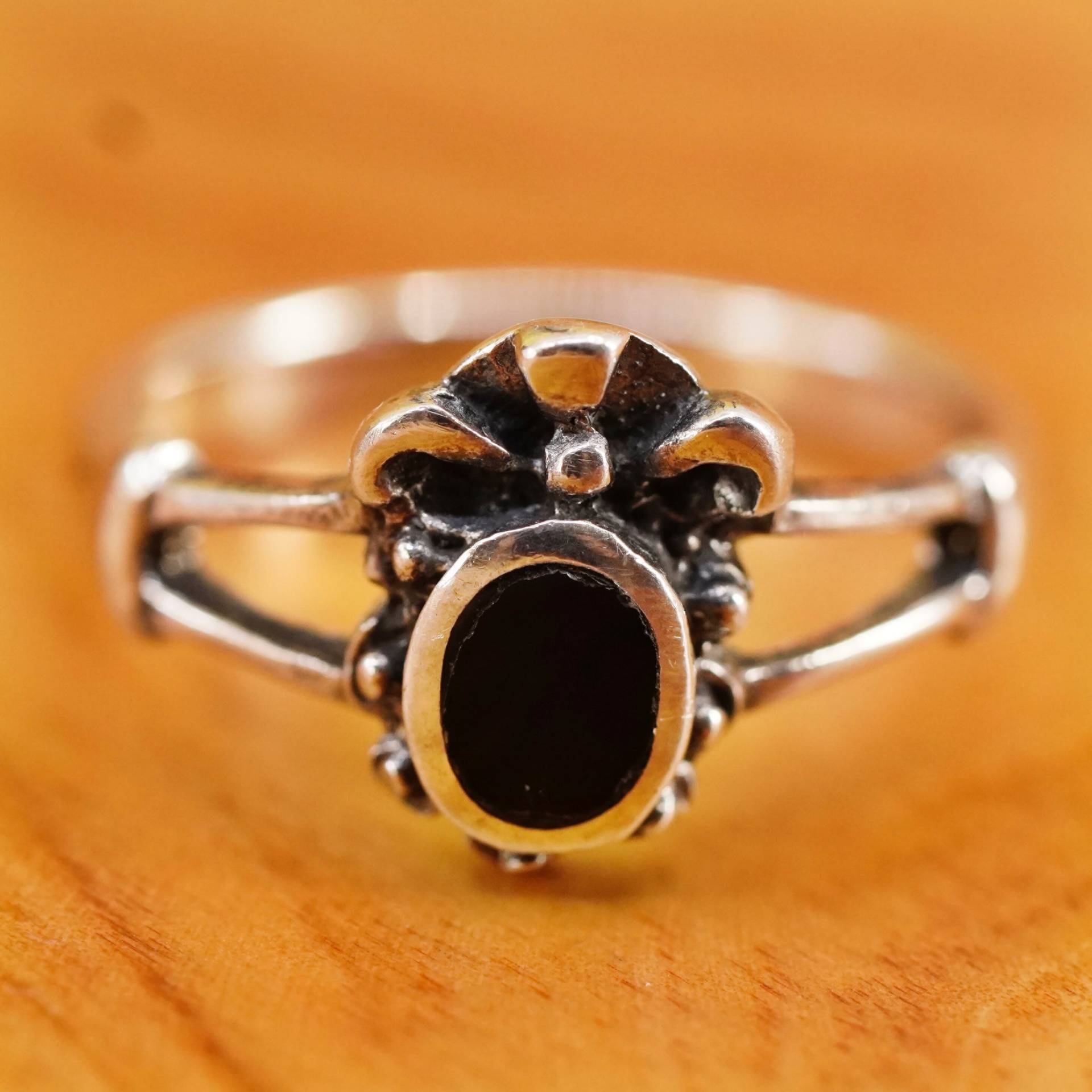 Größe 6, 5, Vintage Sterling 925 Silber Handgemachter Ring Mit Ovalen Onyx, Gestempelt von ErisSilver