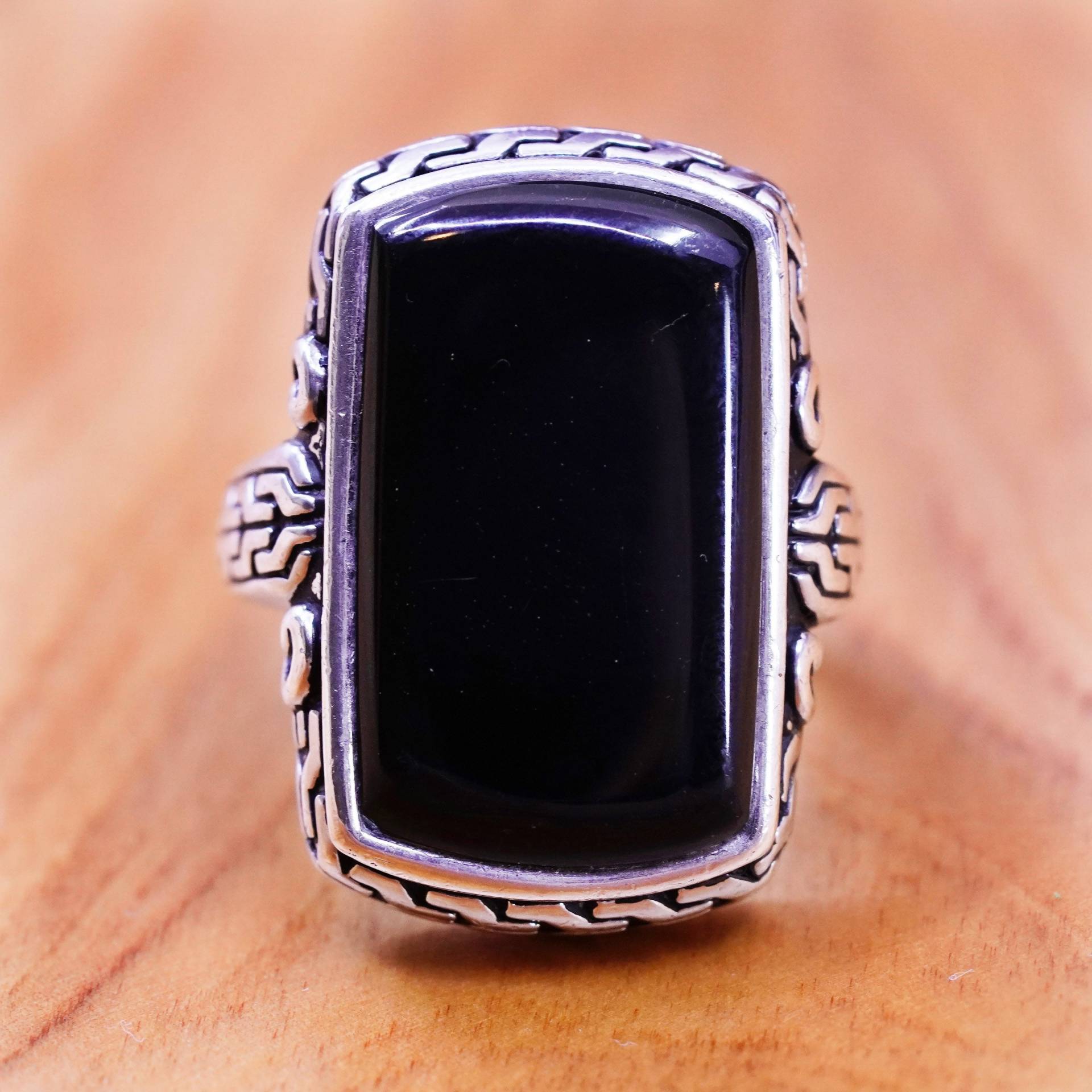 Größe 6.25, Vintage Mexiko Sterling 925 Silber Handgemachter Ring Mit Ovalen Onyx, Gestempelt von ErisSilver