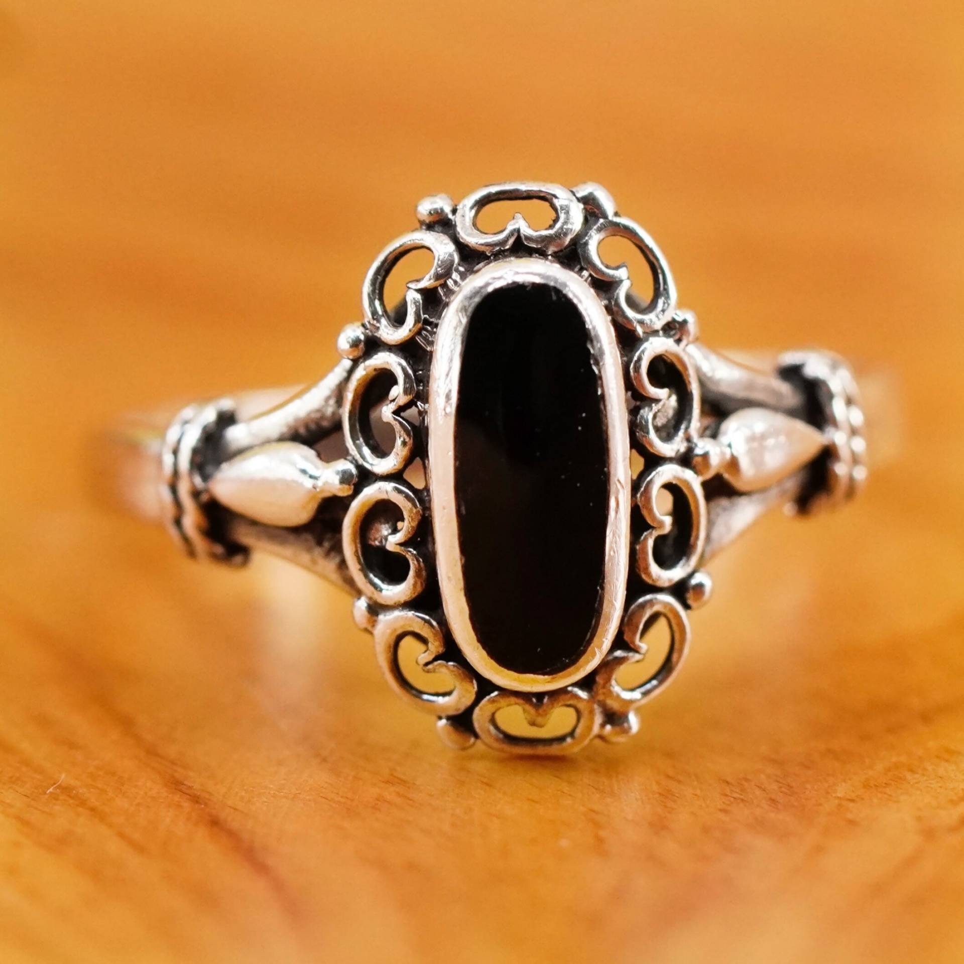 Größe 6.25, Vintage Sterling 925 Silber Handgemachter Filigraner Ring Mit Ovalen Onyx, Gestempelt von ErisSilver