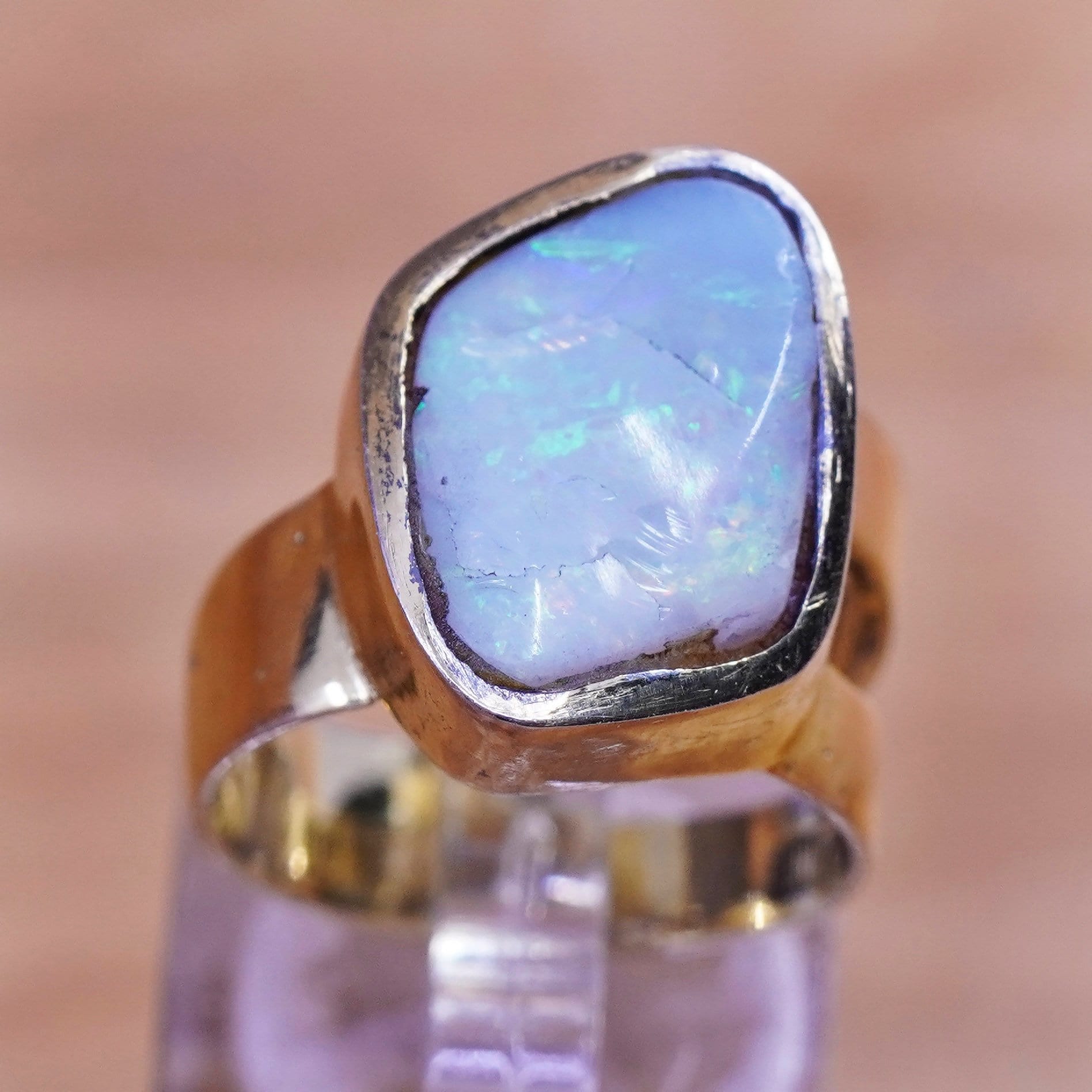 Größe 7, Vintage Vermeil Gold Über Sterling 925 Silber Moderner Ring Mit Opal, Gestempelt Jt Bar von ErisSilver