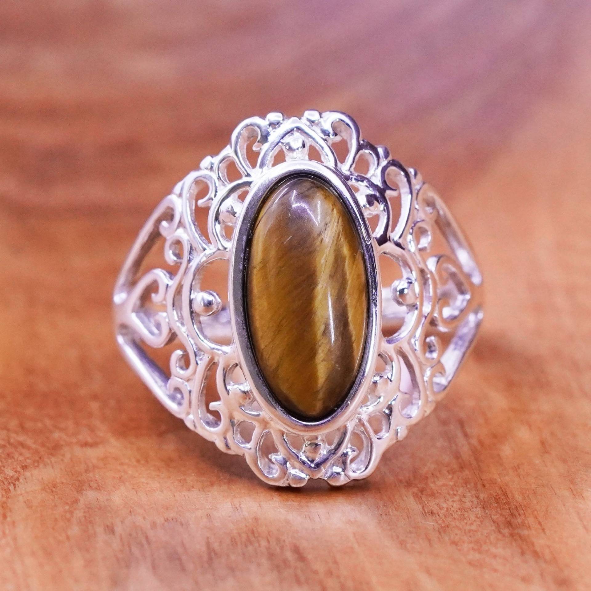 Größe 9, 25, Vintage Sterling 925 Silber Handgemachter Filigraner Ring Mit Goldenem Tigerauge, Gestempelt von ErisSilver