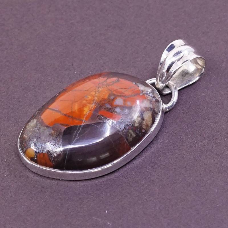 Vintage | 320003 Sterling Silber Handgemachter Anhänger Mit Rotem Und Orangem Landschaftsjaspis, Gestempelt 925 von ErisSilver