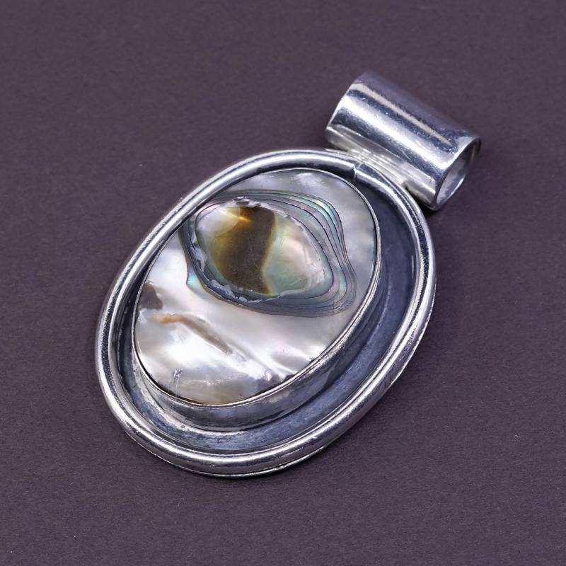 Vintage | 320394 Sterling Silber Handgemachter Anhänger, Massiver Mexiko 925 Mit Oval Geformtem Abalone Inlay Gestempelt Tr-151 von ErisSilver