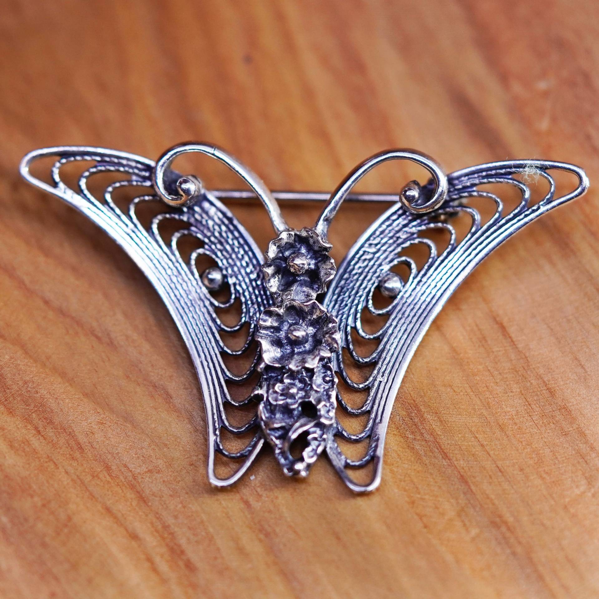 Vintage Handgemachte Sterling 925 Silber Filigrane Schmetterling Brosche, Gestempelt von ErisSilver