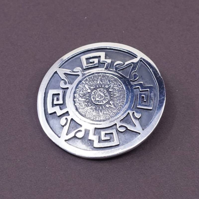 Vintage Mexiko Handgemachte Sterling 925 Silber Runde Form Brosche, Anhänger Mit Maya Kalender Geprägt, Gestempelt Tc 271 von ErisSilver