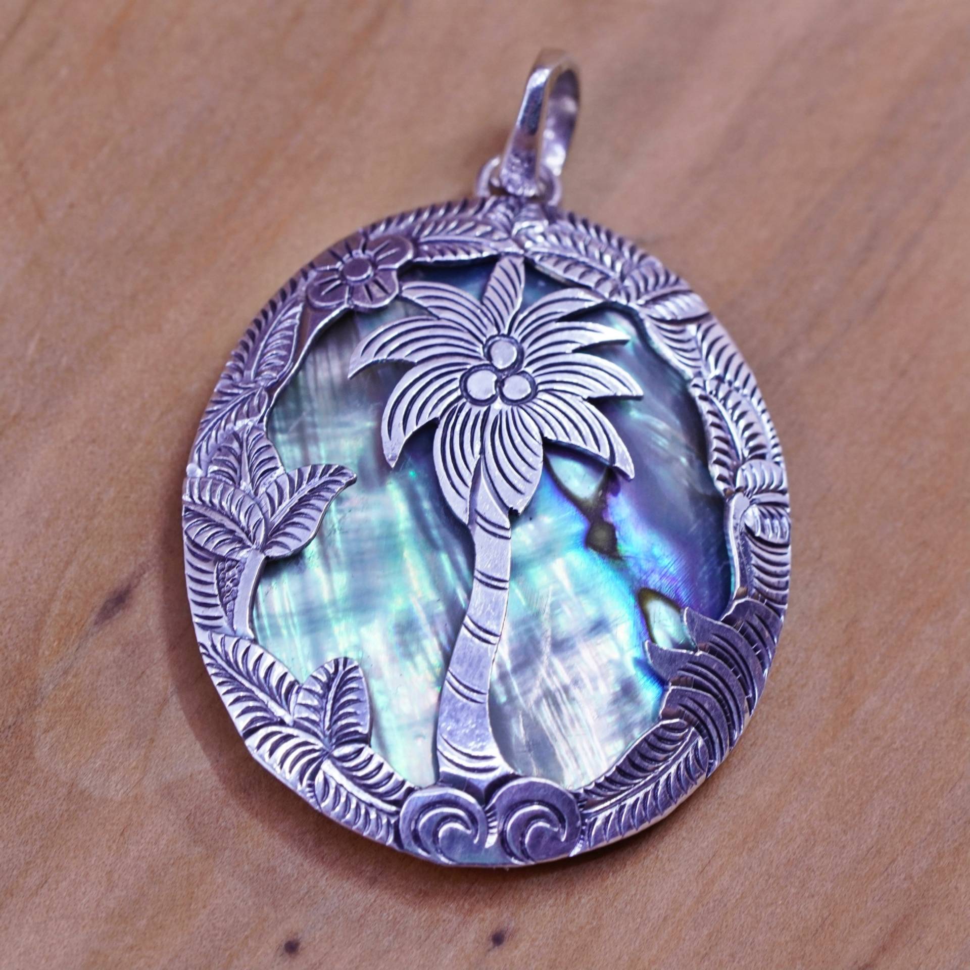 Vintage Sterling 925 Silber Handgefertigter Anhänger Mit Ovalen Abalone Und Palme, Gestempelt von ErisSilver