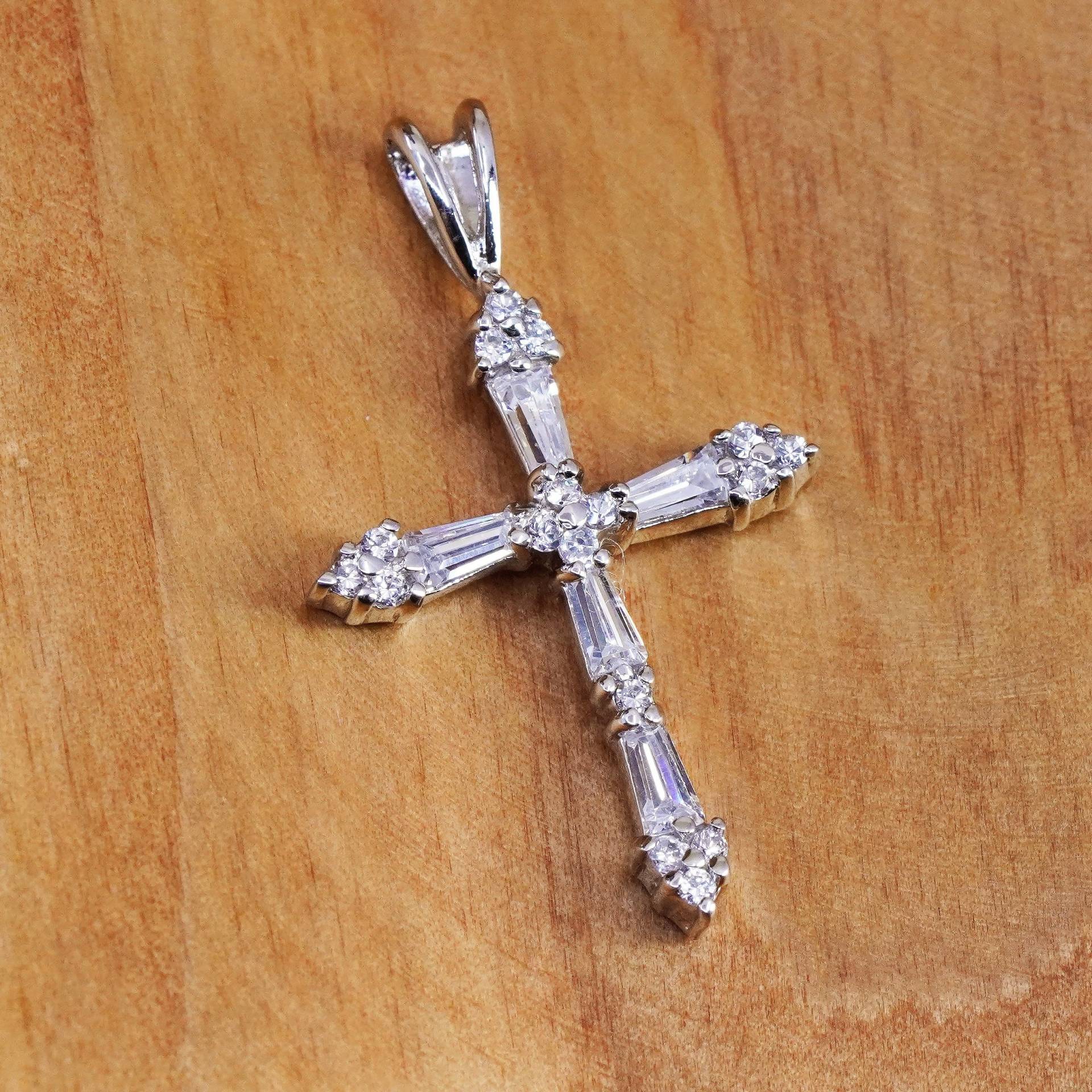 Vintage Sterling Silber Handarbeit Anhänger, 925 Kreuz Mit Cz Inlay, Christian, Gestempelt von ErisSilver