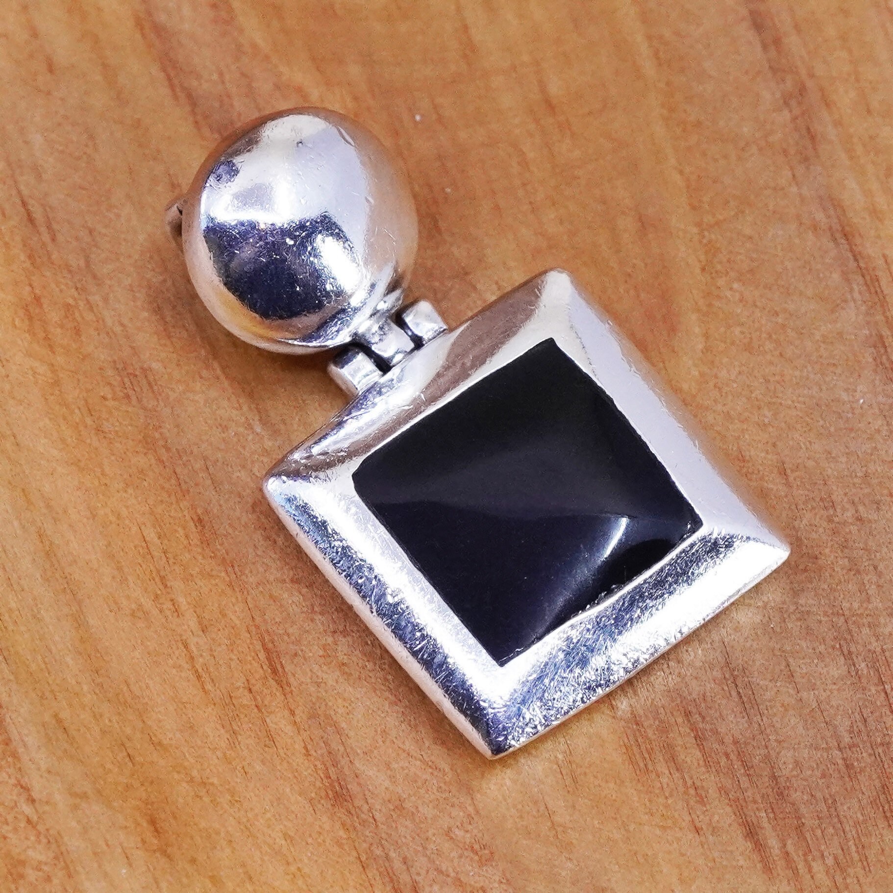 Vintage Sterling Silber Handarbeit Anhänger, Mexiko 925 Quadratisch Mit Schwarzem Onyx Tropfen, Gestempelt von ErisSilver