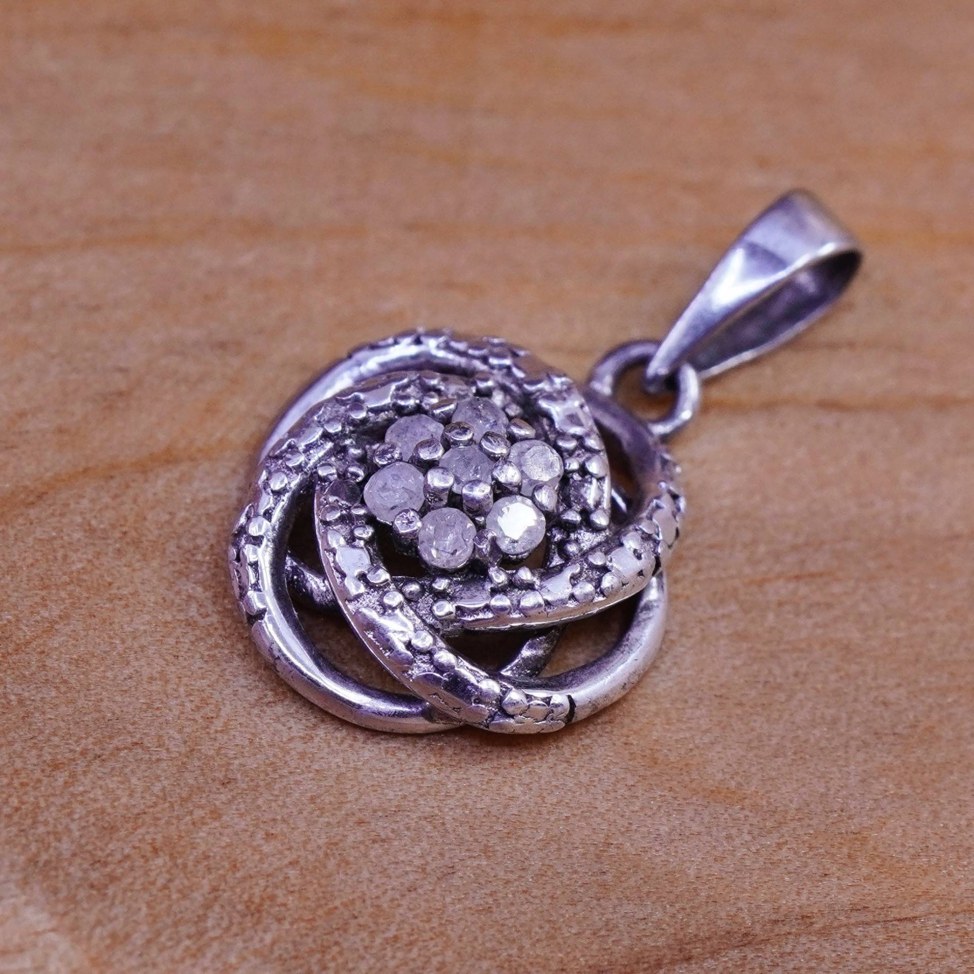 Vintage Sterling Silber Handgemachter Anhänger, 925 Verflochten Geblümt Mit Diamant, Gestempelt von ErisSilver