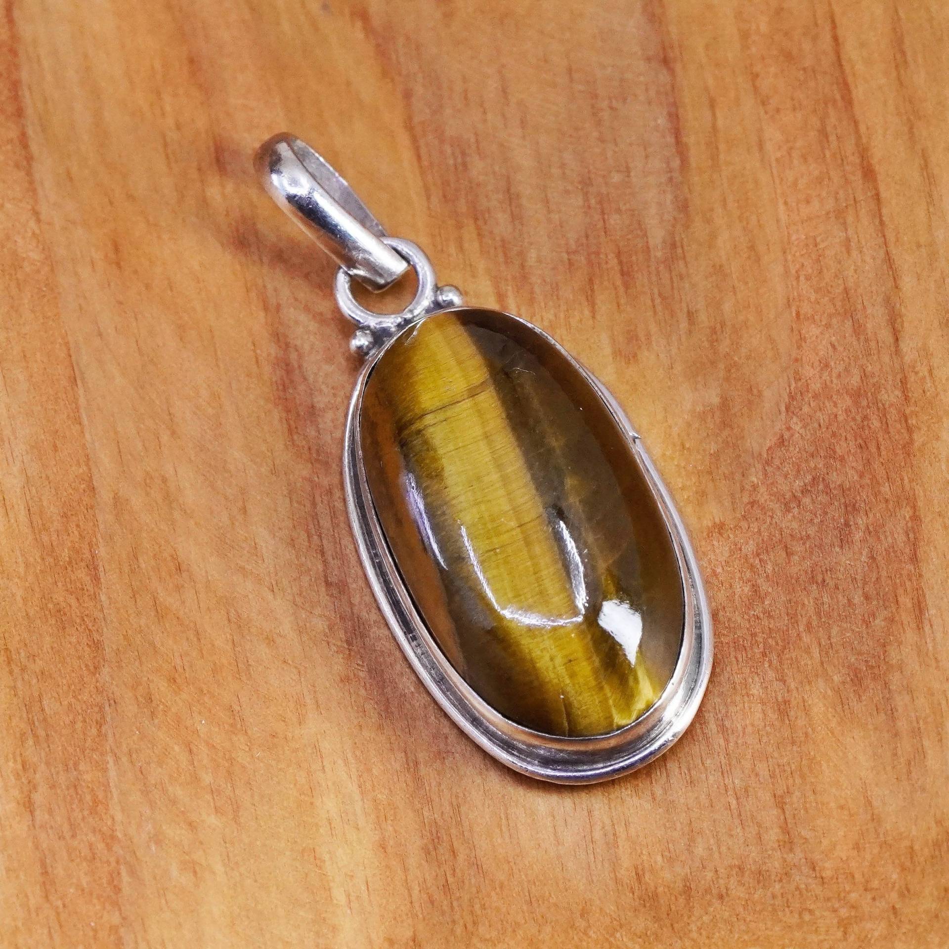 Vintage Sterling Silber Handgemachter Anhänger, Mexiko 925 Oval Mit Goldenem Tigerauge, Gestempelt von ErisSilver