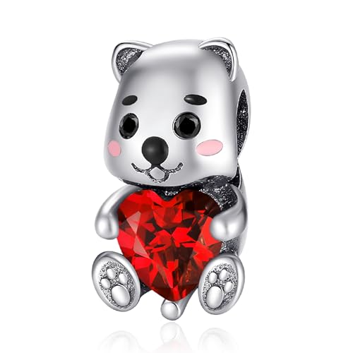 Erizteya Bear Hugs Red Heart Charm für Frauen Armbänder Halsketten mit 5A Cubic Zirconia 925 Sterling Silber Anhänger Perlen Schmuck Geschenk für Mädchen von Erizteya