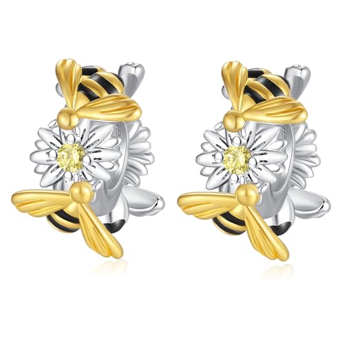 Erizteya Bee Flower Spacer Charms 2pcs für Frauen Armbänder Halsketten mit 5A Cubic Zirconia 925 Sterling Silber Anhänger Perlen Schmuck Geschenk für Mädchen von Erizteya