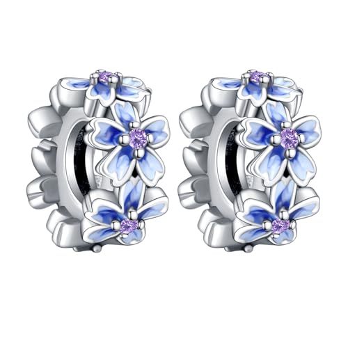 Erizteya Blue Pansy Flower Spacer Charms 2pcs für Frauen Armbänder Halsketten mit 5A Cubic Zirconia 925 Sterling Silber Anhänger Perlen Schmuck Geschenk für Mädchen von Erizteya