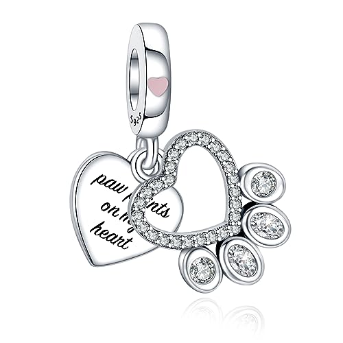Erizteya Hearts & Paw Print Dangle Charm für Frauen Armbänder Halsketten mit 5A Cubic Zirconia 925 Sterling Silber Anhänger Perlen Schmuck Geschenk für Mädchen von Erizteya