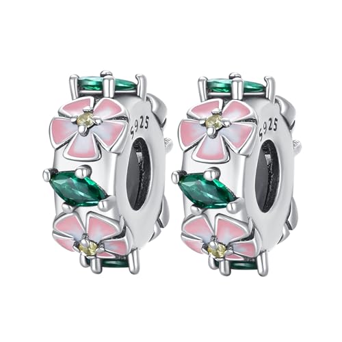 Erizteya Pink Flower Clip Stopper Charms 2pcs für Frauen Armbänder Halsketten mit 5A Cubic Zirconia 925 Sterling Silber Anhänger Perlen Schmuck Geschenk für Mädchen von Erizteya