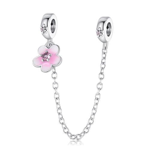 Erizteya Pink Peach Blossom Safety Chain Charm für Frauen Armbänder Halsketten mit 5A Cubic Zirconia 925 Sterling Silber Anhänger Perlen Schmuck Geschenk für Mädchen von Erizteya