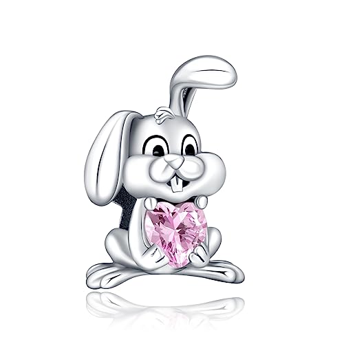 Erizteya Rabbit Pink Heart Charm für Frauen Armbänder Halsketten mit 5A Cubic Zirconia 925 Sterling Silber Anhänger Perlen Schmuck Geschenk für Mädchen von Erizteya