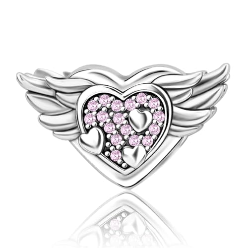 Erizteya Winged Heart Pink Pavé Charm für Frauen Armbänder Halsketten mit 5A Cubic Zirconia 925 Sterling Silber Anhänger Perlen Schmuck Geschenk für Mädchen von Erizteya