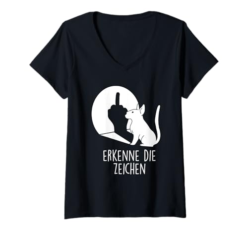 Damen Erkenne die Zeichen Hund Mittelfinger lustiger Spruch T-Shirt mit V-Ausschnitt von Erkenne die Zeichen Hund Mittelfinger