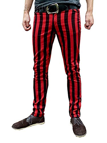Fuzzdandy Herren Gestreift Röhren Dick Rot Schwarze Streifen Medern Indie Hosen - Rot & Schwarz Streifen, 30 Waist x 30 Leg von Fuzzdandy