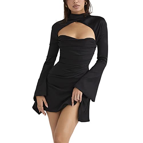 Erllegraly Aushöhlen Low Cut Mesh Kleid Langarm Halfter Backless Bodycon Langes Kleid Cocktailkleid für Damen (Schwarz, L) von Erllegraly