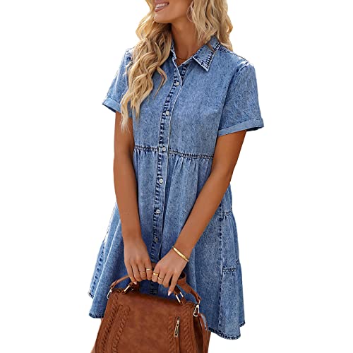 Erllegraly Damen Minikleid Mit Knöpfen Babydoll Denim Kurzarm Reverskragen Hohe Taille Lässiges Retro Jeanskleid (Dunkelblau, XL) von Erllegraly